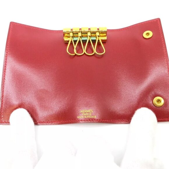 Authentic HERMES Square In D Box Calf Key Case Red Leather - Picture 8 of 11